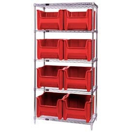 Quantum WR5-800 Chrome Wire Shelving With 8 Giant Hopper Bins Red 18x36x74