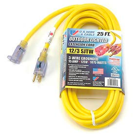 U.S. Wire 74025 25 Ft. Power-On Illuminated Plug Temp-Flex-35 Cord Yellow 300V SJTW-A 12/3
