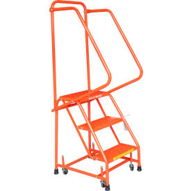 Perforated 16""W 3 Step Steel Rolling Ladder 10""D Top Step W/ Handrails - Orange - H318P-O