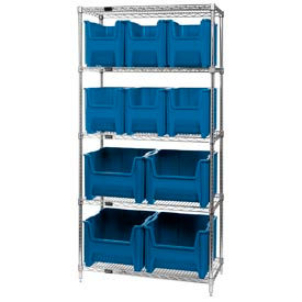 Quantum WR5-600800 Chrome Wire Shelving With 10 Giant Hopper Bins Blue 18x36x74