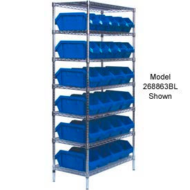 Quantum W7-12-28 Chrome Wire Shelving With 28 QuickPick Double Open Bins Blue 18x36x74