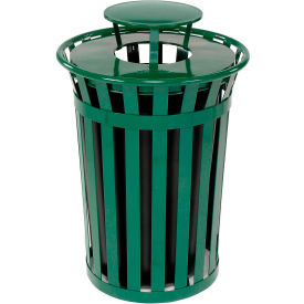 Global Industrial™ Outdoor Slatted Steel Trash Can With Rain Bonnet Lid 36 Gallon Green