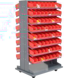 Global Industrial™ 16 Shelf Double-Sided Mobile Pick Rack - 128 Red Plastic Shelf Bins 4"" Wide