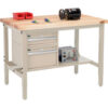 Global Industrial™ 48""W x 30""D Production Workbench - Maple Square Edge - Drawers & Shelf - Tan