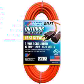 U.S. Wire 60050 50 Ft. Three Conductor Orange Extension Cord 16/3 Ga. SJTW-A 300V 13A