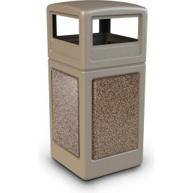 PolyTec™  Square Waste Container w/Dome Lid - Beige w/Riverstone Stone Panels 42-Gallon