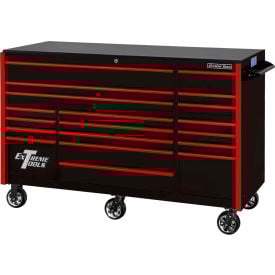 Extreme Tools RX723019RCBKRD-250 Professional 72"" 19 Drawer Blk Triple Bank Roller Cabinet Red Pulls