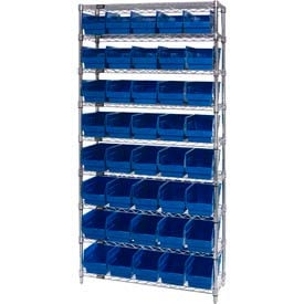 Quantum WR9-206 Chrome Wire Shelving with 40 6""H Plastic Shelf Bins Blue 36x24x74