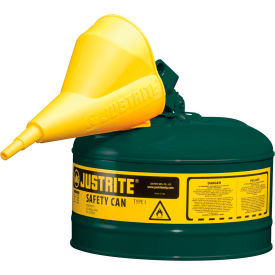 Justrite® Type I Steel Green Safety Can With Funnel And Self-Close Lid 2.5 Gal. (9.5L)