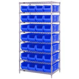 Quantum WR8-950 Chrome wire Shelving With 28 24""D Hopper Bins Blue 24x36x74