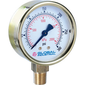 Global Industrial™ 2-1/2"" Pressure Gauge 15 PSI/KPA 1/4"" NPT LM Polished Brass