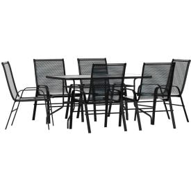 Flash Furniture Brazos 7 Piece Outdoor Patio Table w/ Umbrella Hole & Stack Chairs  Black