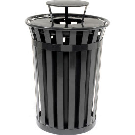 Global Industrial™ Outdoor Slatted Steel Trash Can With Rain Bonnet Lid 36 Gallon Black