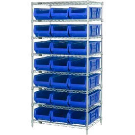 Quantum WR8-952 Chrome wire Shelving With 21 24""D Hopper Bins Blue 24x36x74