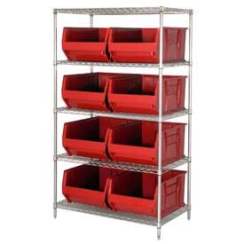 Quantum WR5-993 Chrome Wire Shelving With 8 36""D Hopper Bins Red 36x36x86