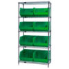 Quantum WR5-270 Chrome Wire Shelving With 8 Giant Plastic Stacking Bins Green 36x18x74