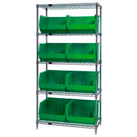 Quantum WR5-270 Chrome Wire Shelving With 8 Giant Plastic Stacking Bins Green 36x18x74