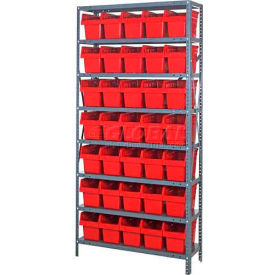 Quantum 1875-SB804 Steel Shelving with 35 8""H Plastic Shelf Bins Red 36x18x75-SB8 Shelves