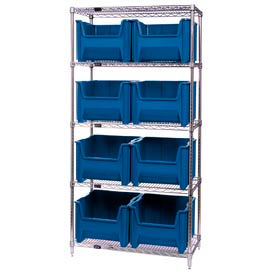 Quantum WR5-800 Chrome Wire Shelving With 8 Giant Hopper Bins Blue 18x36x74