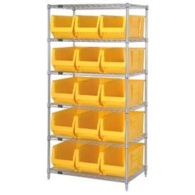 Quantum WR6-973 Chrome wire Shelving With 15 30""D Hopper Bins Yellow 30x36x74