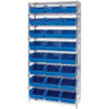 Quantum WR9-210 Chrome Wire Shelving with 24 6""H Plastic Shelf Bins Blue 36x18x74