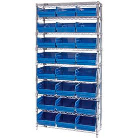 Quantum WR9-210 Chrome Wire Shelving with 24 6""H Plastic Shelf Bins Blue 36x18x74