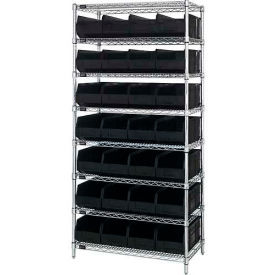 Quantum WR8-483 Chrome Wire Shelving with 28 SSB483 Stackable Shelf Bins Black 36x21x74