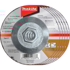 Makita® INOX Grinding Wheel 36 Grit Type 27 4-1/2"" Dia x 1/4""T x 5/8-11"" Cntr Hole Dia-25/Pk