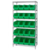 Quantum WR6-265 Chrome Wire Shelving With 20 Giant Plastic Stacking Bins Green 36x18x74
