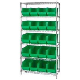 Quantum WR6-265 Chrome Wire Shelving With 20 Giant Plastic Stacking Bins Green 36x18x74