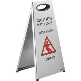 Global Industrial™ Stainless Steel Floor Sign 2 Sided Multi-Lingual - Caution