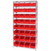 Quantum WR9-208 Chrome Wire Shelving with 32 6""H Plastic Shelf Bins Red 36x18x74