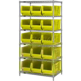 Quantum WR6-954 Chrome Wire Shelving With 10 24""D Bins Yellow 36x24x74