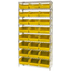 Quantum WR9-216 Chrome Wire Shelving with 24 6""H Plastic Shelf Bins Yellow 36x24x74