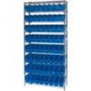Quantum WR9-203 Chrome Wire Shelving with 64 6""H Plastic Shelf Bins Blue 36x18x74