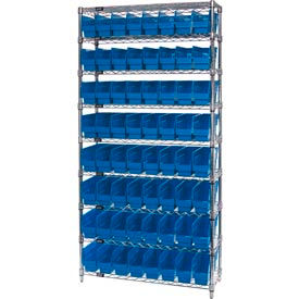 Quantum WR9-203 Chrome Wire Shelving with 64 6""H Plastic Shelf Bins Blue 36x18x74