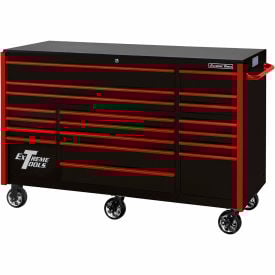 Extreme Tools RX 19 Drawer Roller Cabinet 55""W x 25""D x H""46 Black w/Red Handles & Trim