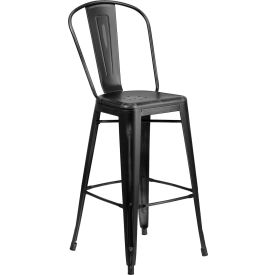 Flash Furniture 30"" High Distressed Metal Indoor-Outdoor Counter Height Stool with Back - Black