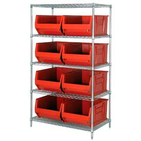 Quantum WR5-997 Chrome Wire Shelving With 8 36""D Hopper Bins Red 36x48x86