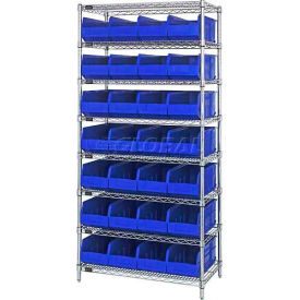 Quantum WR8-423 Chrome Wire Shelving with 28 SSB423 Stackable Shelf Bins Blue 36x12x74