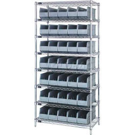 Quantum WR8-441 Chrome Wire Shelving with 35 SSB441 Stackable Shelf Bins Gray 36x14x74