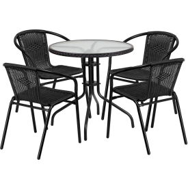 Flash Furniture Lila 5 Piece Round Glass Metal Table w/ Stack Chairs Black
