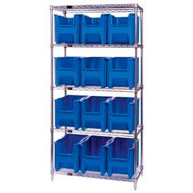 Quantum WR5-600 Chrome Wire Shelving With 12 Giant Hopper Bins Blue 18x36x74