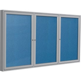 Ghent Enclosed Bulletin Board Outdoor 3 Door 96""W x 48""H Ocean Vinyl/Silver Frame