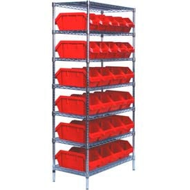 Quantum W7-12-26 Chrome Wire Shelving With 26 QuickPick Double Open Bins Red 18x36x74