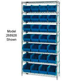 Quantum WR7-245 Chrome Wire Shelving With 24 Giant Plastic Stacking Bins Blue 36x12x74