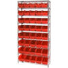 Quantum WR9-204 Chrome Wire Shelving with 40 6""H Plastic Shelf Bins Red 36x18x74