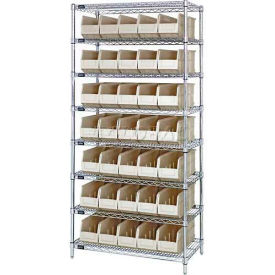 Quantum WR8-441 Chrome Wire Shelving with 35 SSB441 Stackable Shelf Bins Ivory 36x14x74