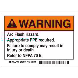 Brady® EL-1 Arc Flash Labels Warning Arc Flash Hazard 3-1/2"" X 5"" Black/Orange/White