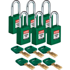 Brady® NYL-GRN-38ST-KA6PK Brady SafeKey Lockout Padlock Nylon 1.5"" Steel Shackle Keyed Alike